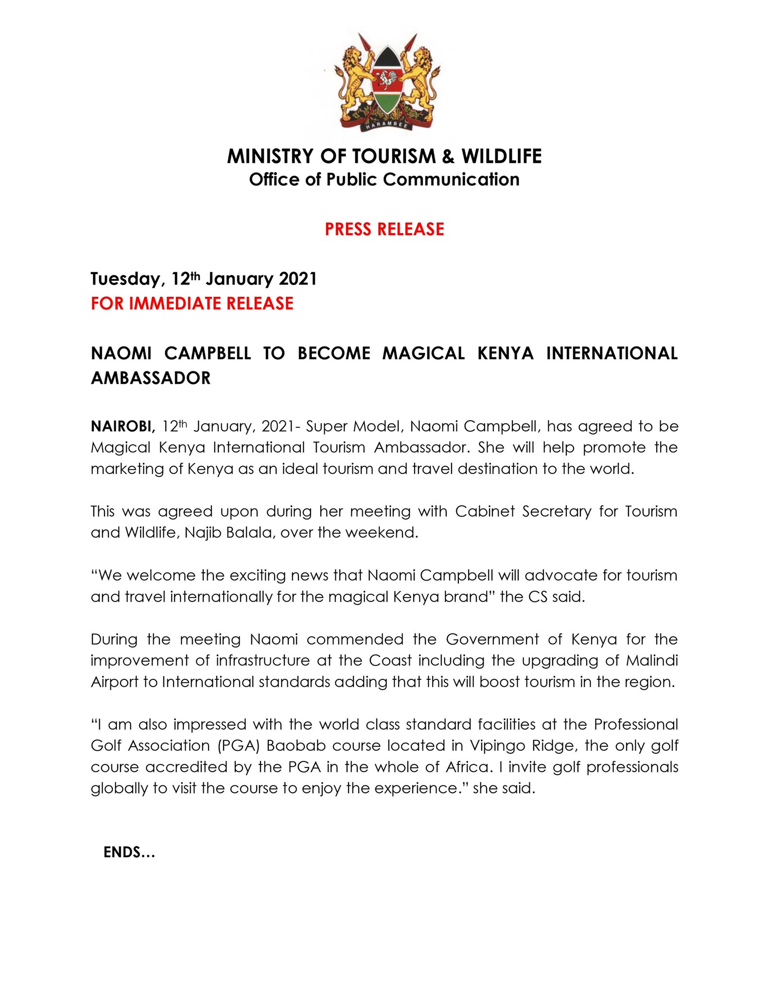 Naomi Campbell becomes Magical Kenya tourism ambassador